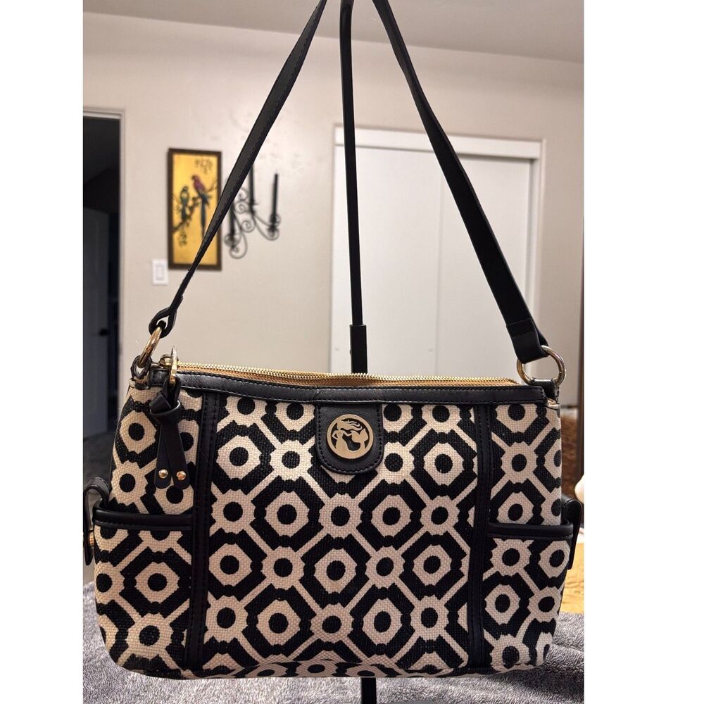 Spartina 449 Black & Cream Geometric Linen Leather Shoulder Bag